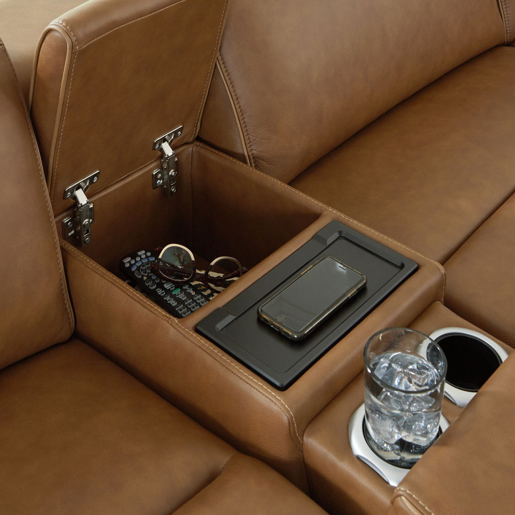Caramel reclining sectional sofa arm console with open storage tray
