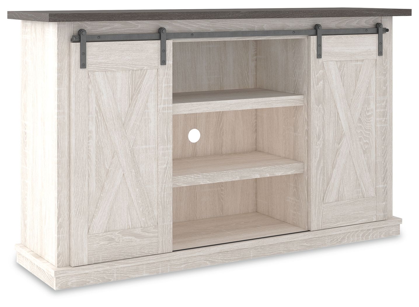White TV stand with sliding doors, open shelf area, dark top