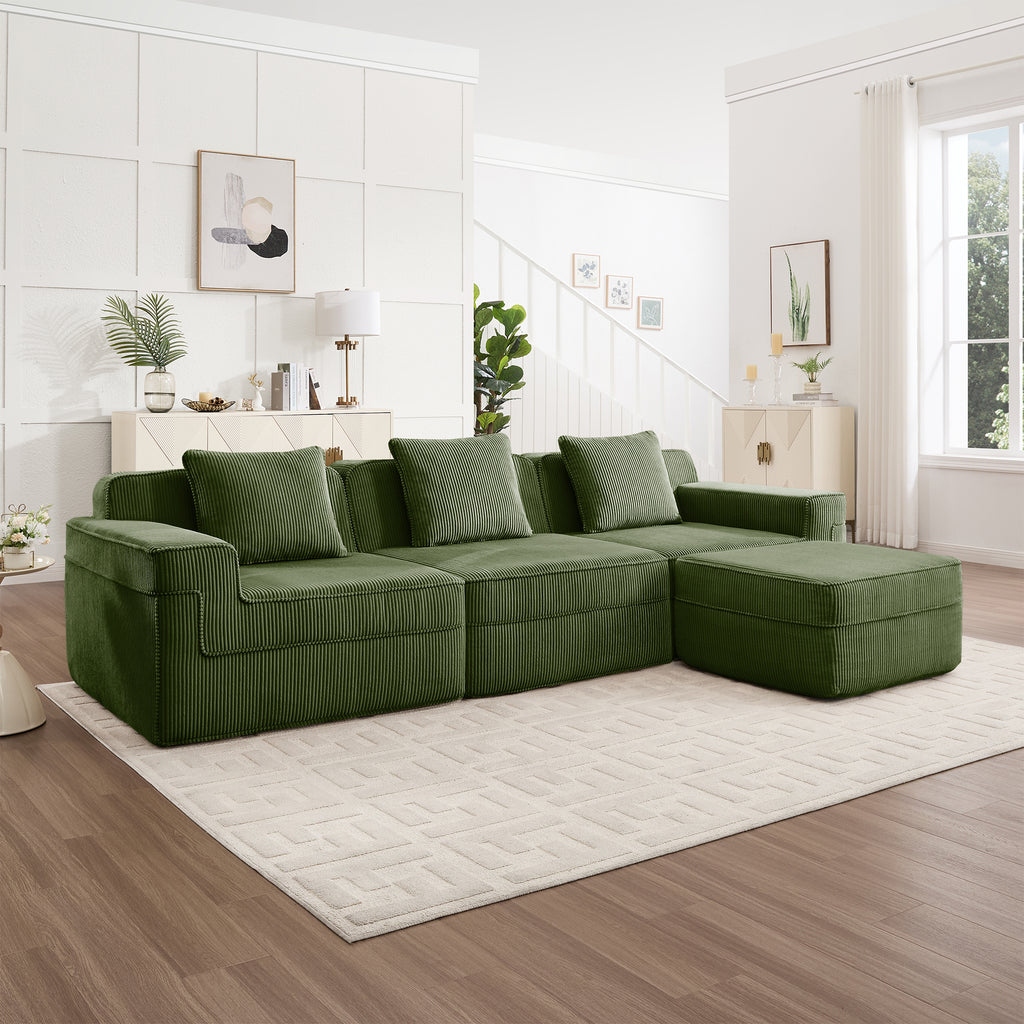 Green corduroy modular sectional sofa with chaise and multiple seat cushions