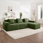 Green corduroy modular sectional sofa with chaise and multiple seat cushions