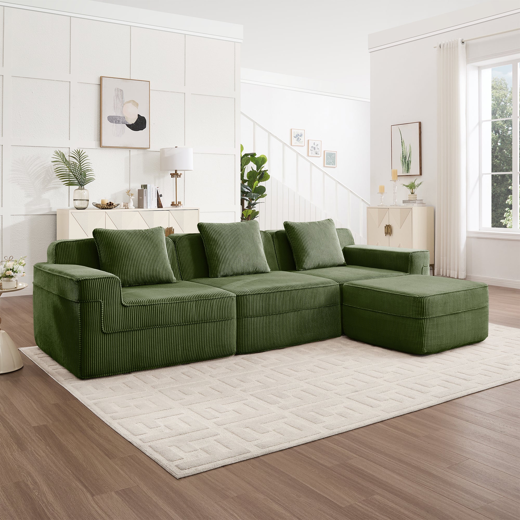 Green corduroy modular sectional sofa with chaise and multiple seat cushions