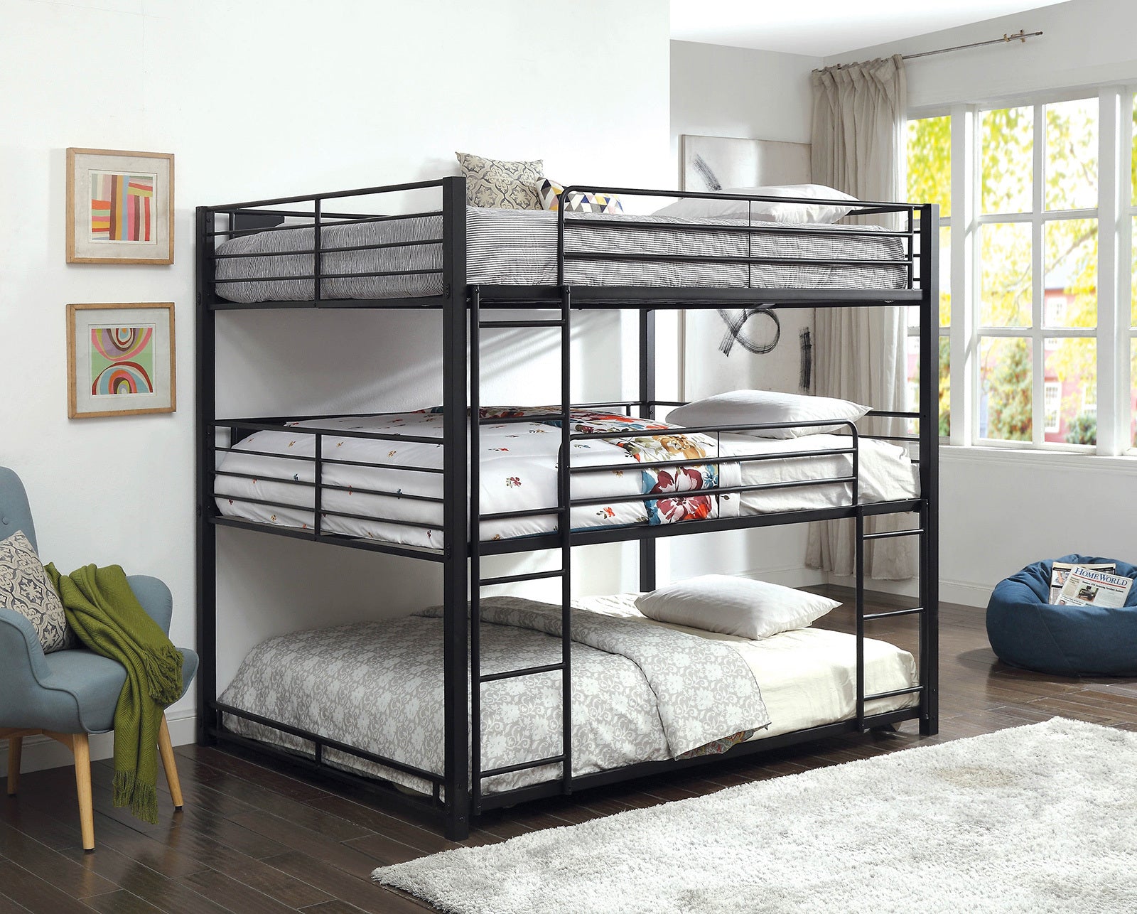 Contemporary Queen Triple Decker Metal Bed w/ Guard Rails, Ladders