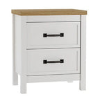 White two-drawer night stand with brown top and black bar handles