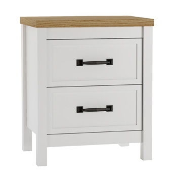 White two-drawer night stand with brown top and black bar handles