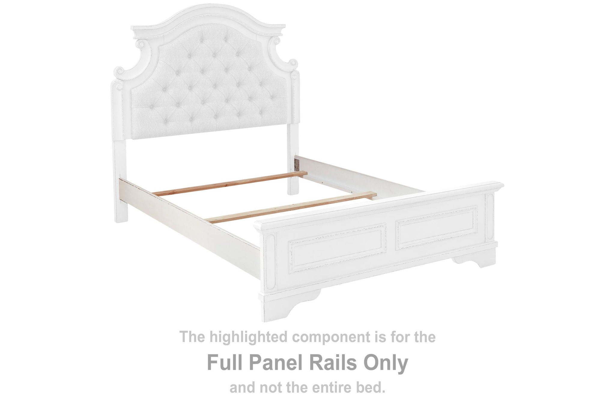 Chipped white full panel bed rails with decorative headboard and footboard