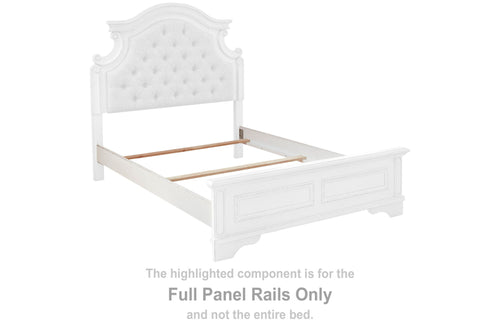 Chipped white full panel bed rails with decorative headboard and footboard