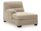Sand corner chaise with rounded backrest, single seat cushion, dark tapered legs
