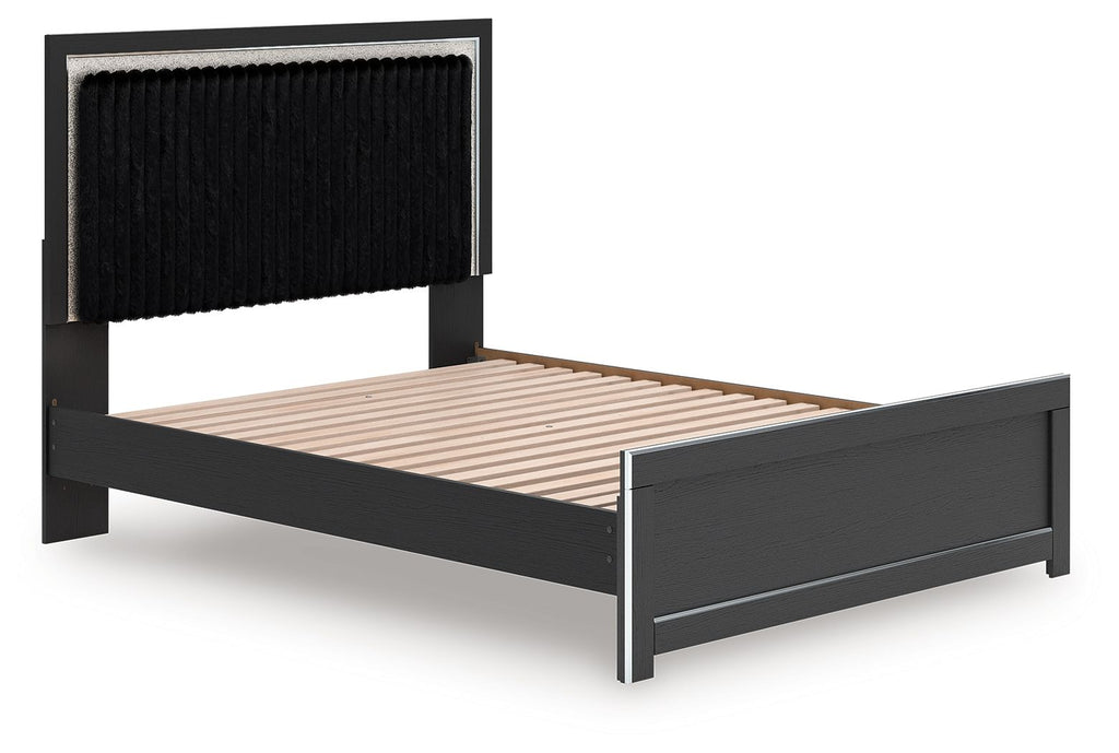 Upholstered panel platform bed with roll slats, black frame and vertical winged headboard