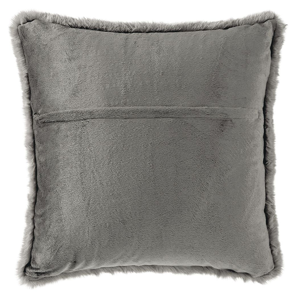 Gray faux fur square pillow with fluffy trim around the edge.