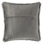 Gray faux fur square pillow with fluffy trim around the edge.
