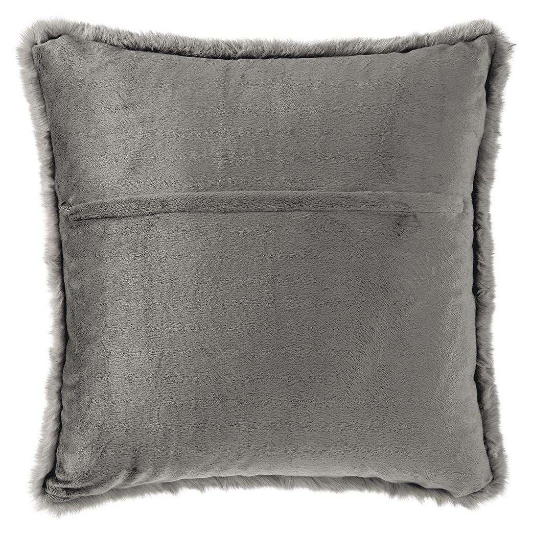 Gray faux fur square pillow with fluffy trim around the edge.