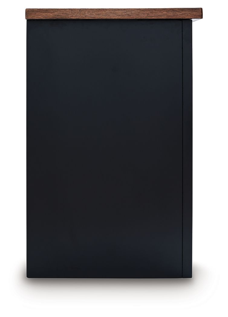 Black cabinet back panel with wood top trim