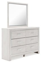 Upholstered storage dresser with mirror, white finish, stacked drawers and gray trim