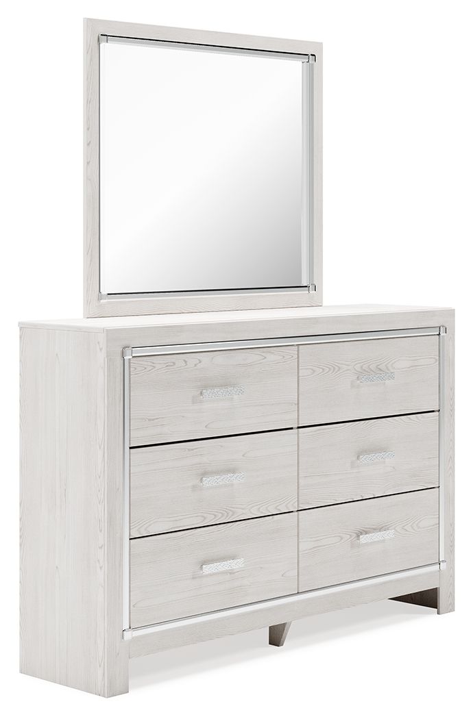 Upholstered storage dresser with mirror, white finish, stacked drawers and gray trim