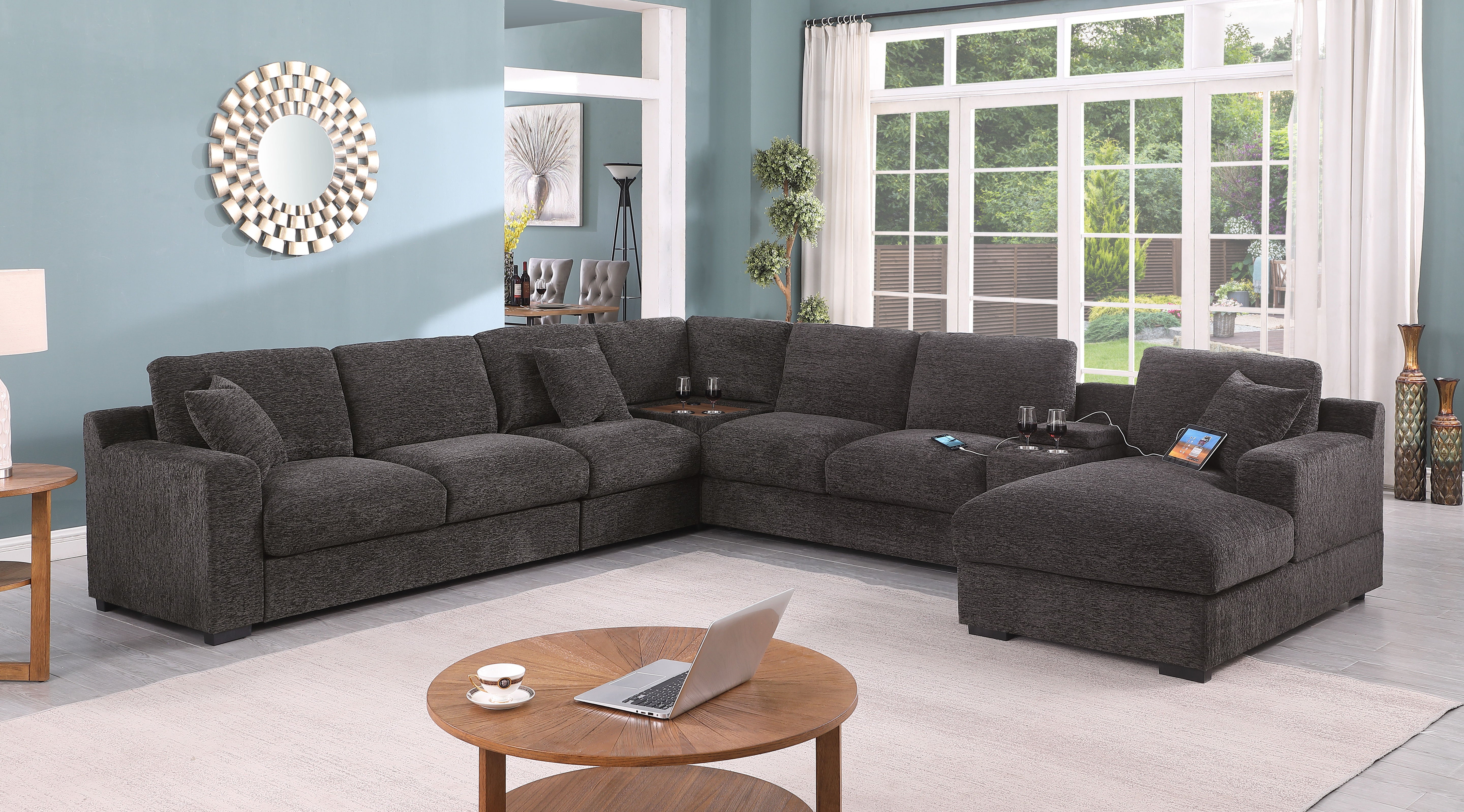Celine - Chenille Fabric Corner Sectional Sofa With Right-Facing Chaise, Cupholders, And Charging Ports - Gray
