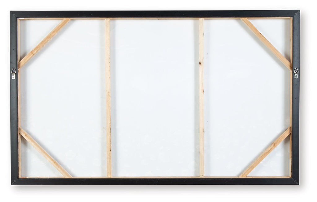 Back of framed wall art with wooden cross braces and a light backing board