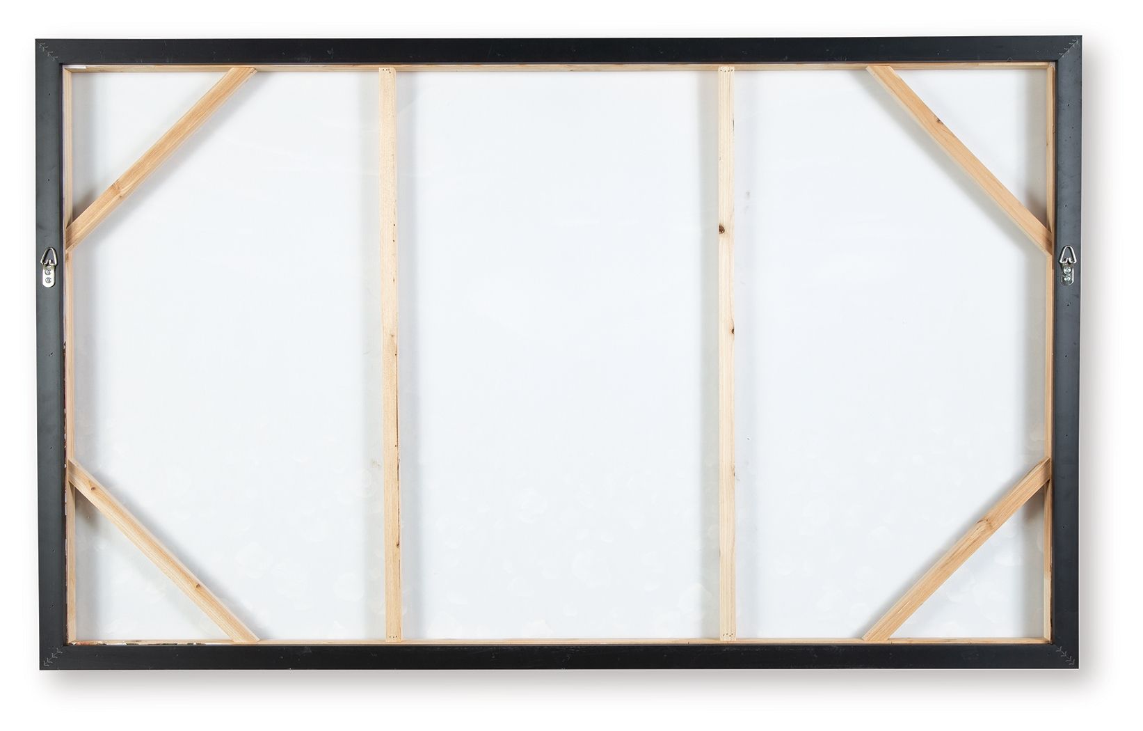 Back of framed wall art with wooden cross braces and a light backing board