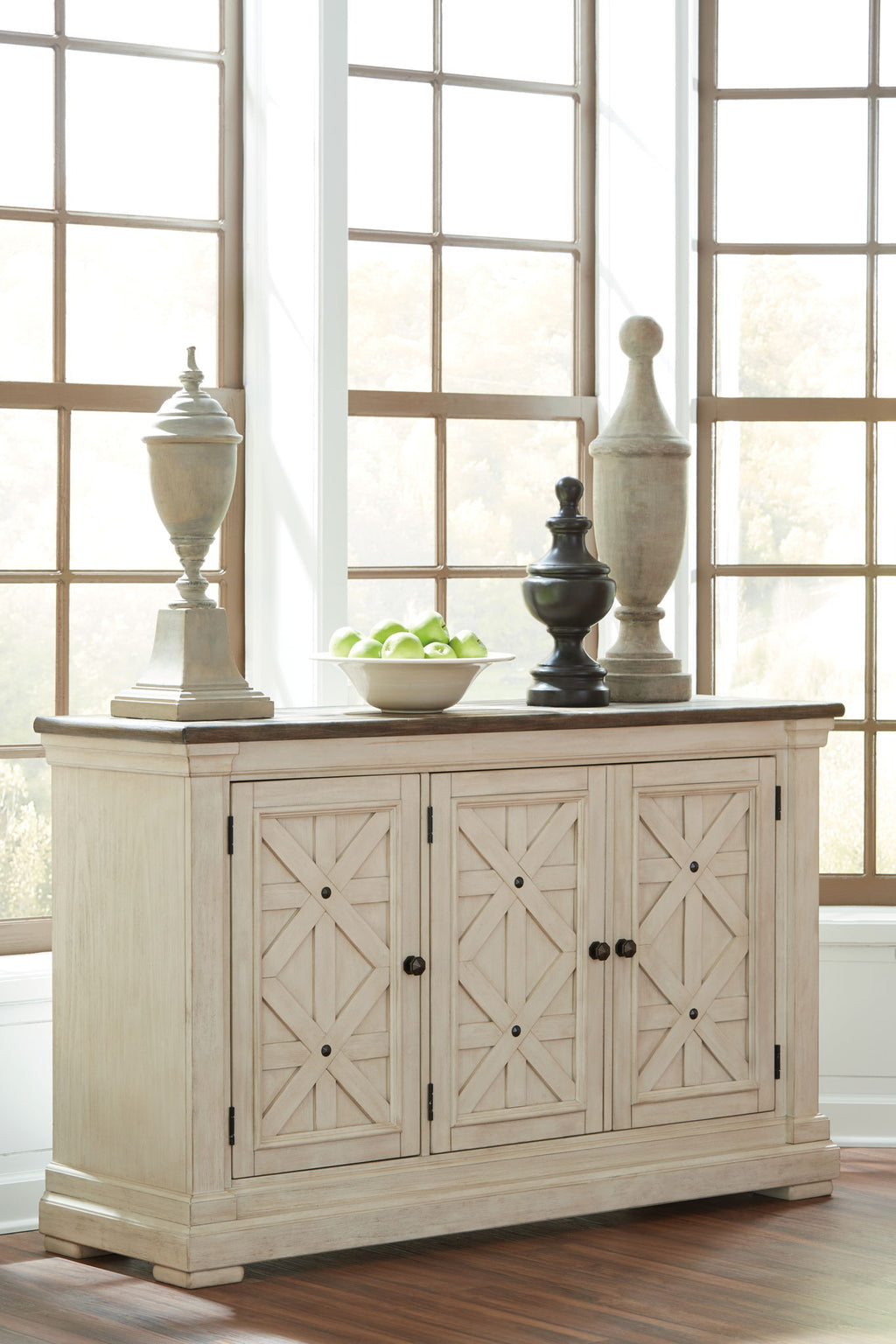 Beige dining room server with three front doors, dark handles, and X-lattice panels