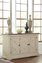 Beige dining room server with three front doors, dark handles, and X-lattice panels