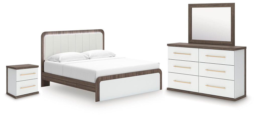 4-piece bedroom set with king platform bed, dresser, mirror, and nightstand in brown/white