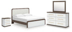 4-piece bedroom set with king platform bed, dresser, mirror, and nightstand in brown/white