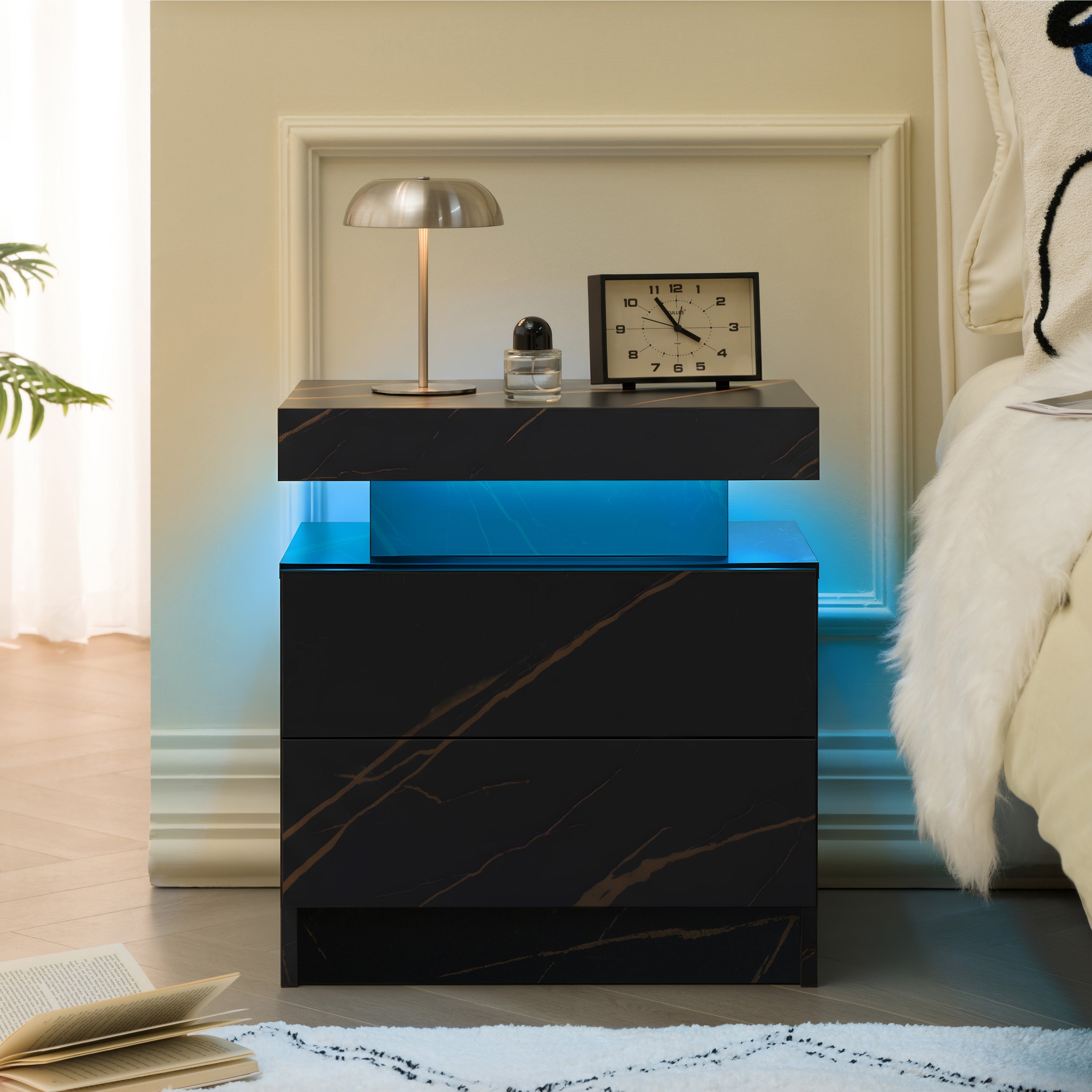 Modern LED Nightstand Bedside Table 2 Drawers for Bedroom, Black Gold Finish