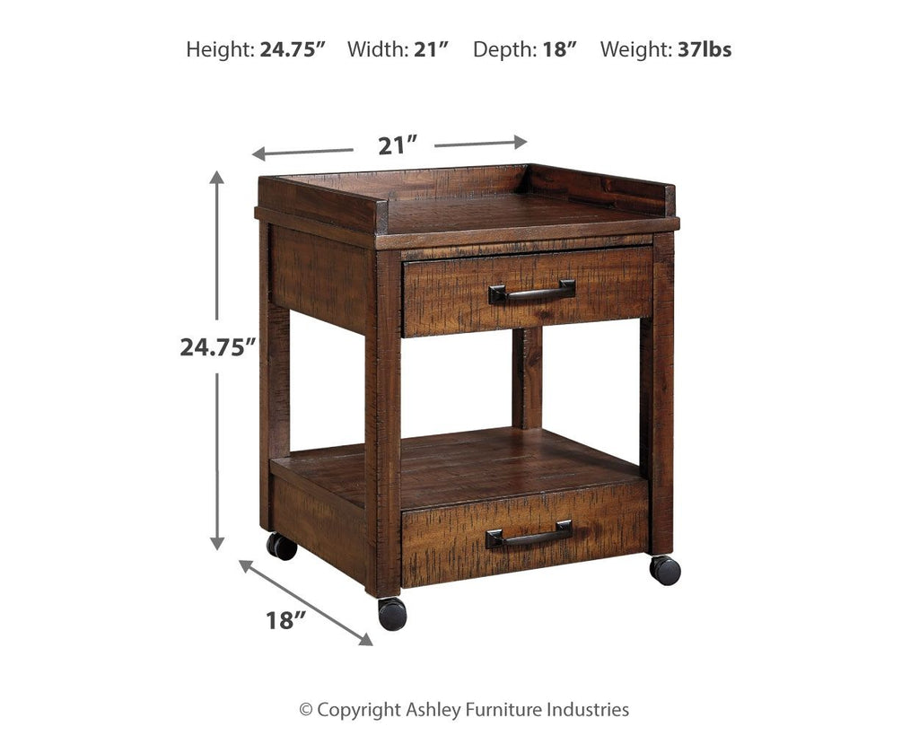 Rustic brown printer stand with open top shelf, lower shelf, and caster wheels