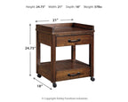 Rustic brown printer stand with open top shelf, lower shelf, and caster wheels