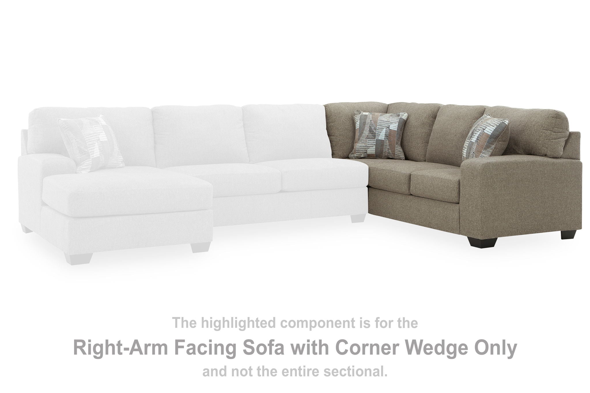 Beige right-arm facing sofa with corner wedge, armrest on right side.