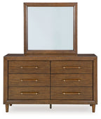 Brown dresser with mirror and six drawers, horizontal brass bar pulls, straight legs