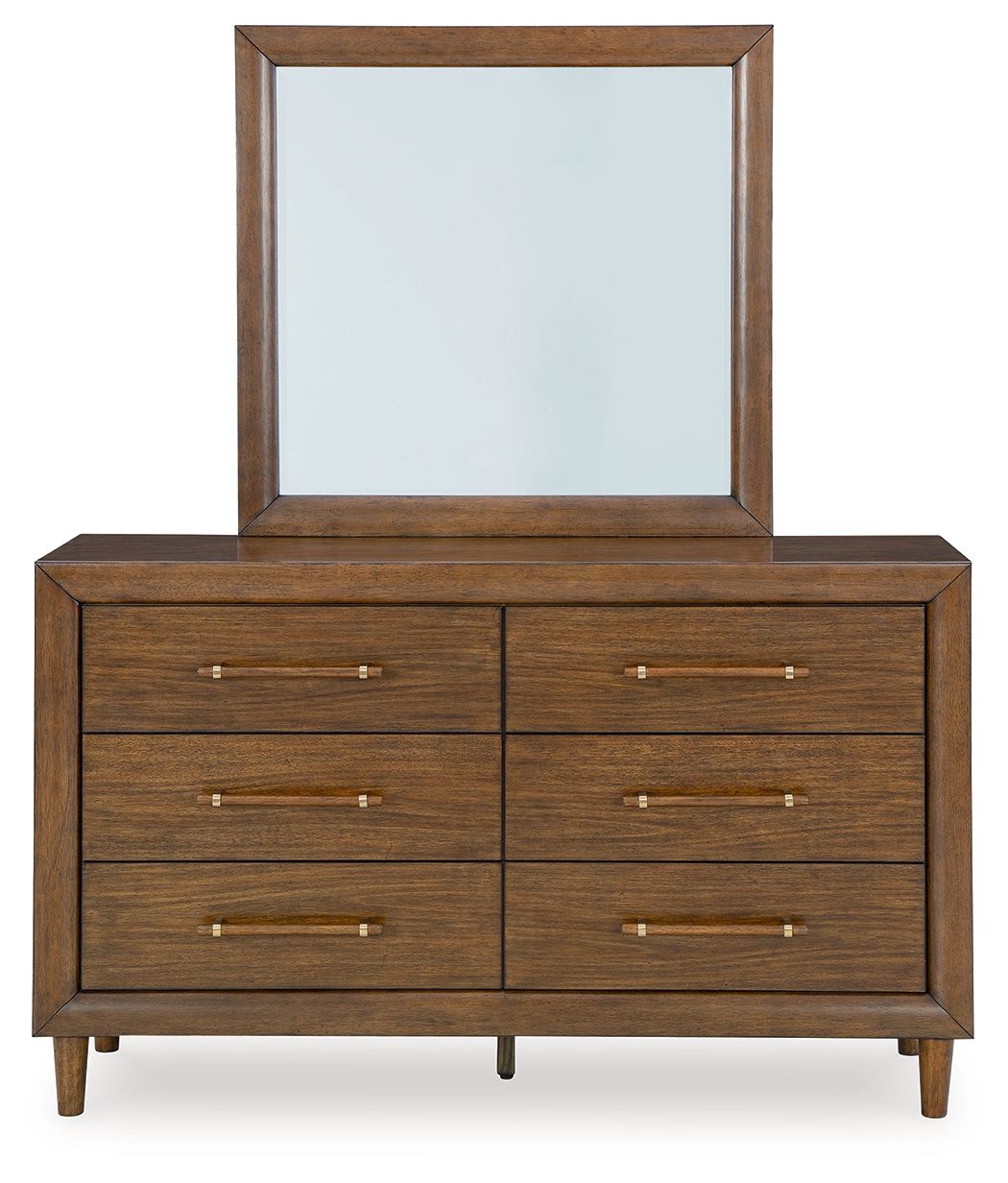 Brown dresser with mirror and six drawers, horizontal brass bar pulls, straight legs