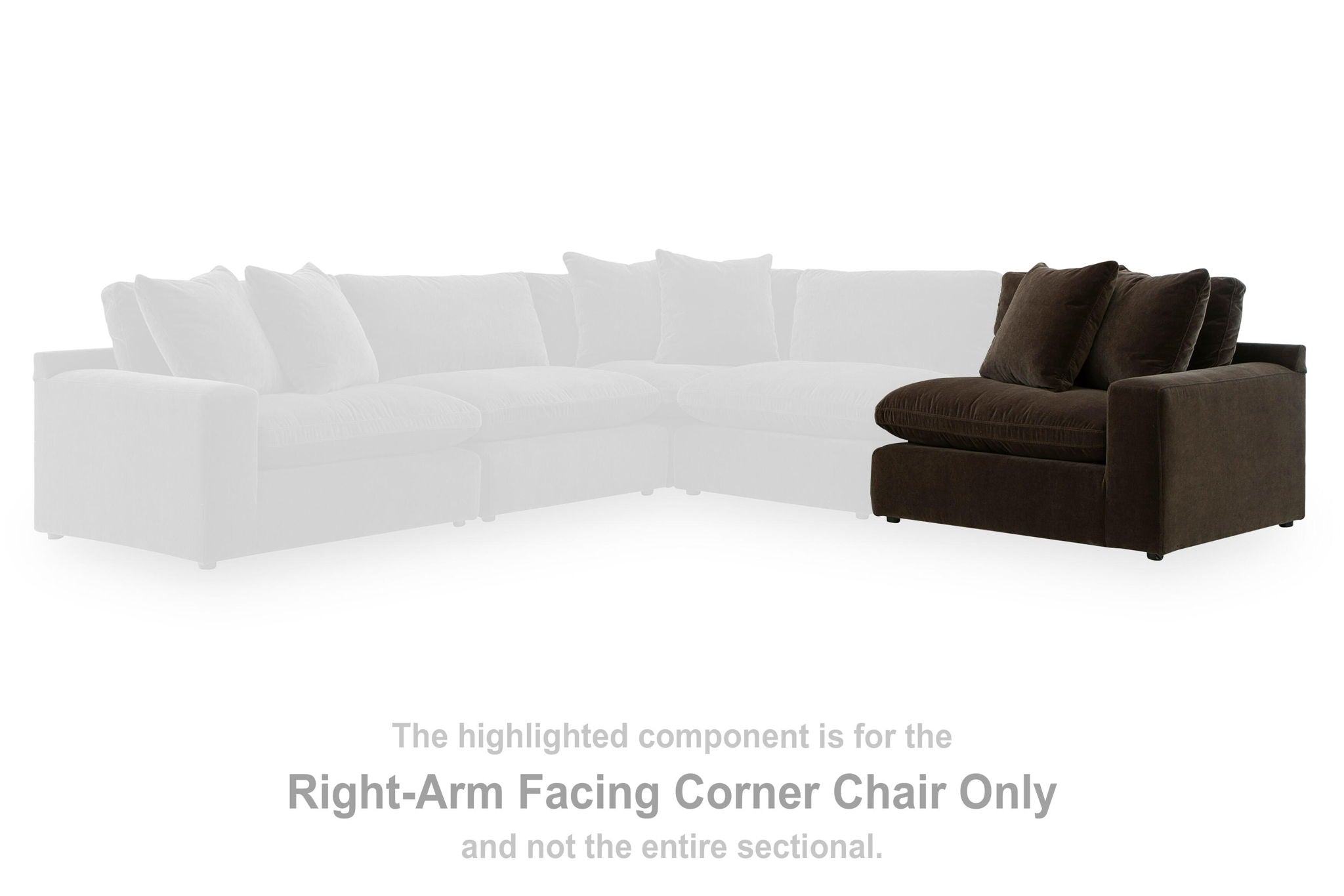 Dark brown right-arm facing corner chair with padded seat and back pillows
