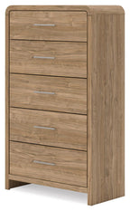 Five-drawer chest in warm natural brown wood with metal bar pulls, viewed from side.