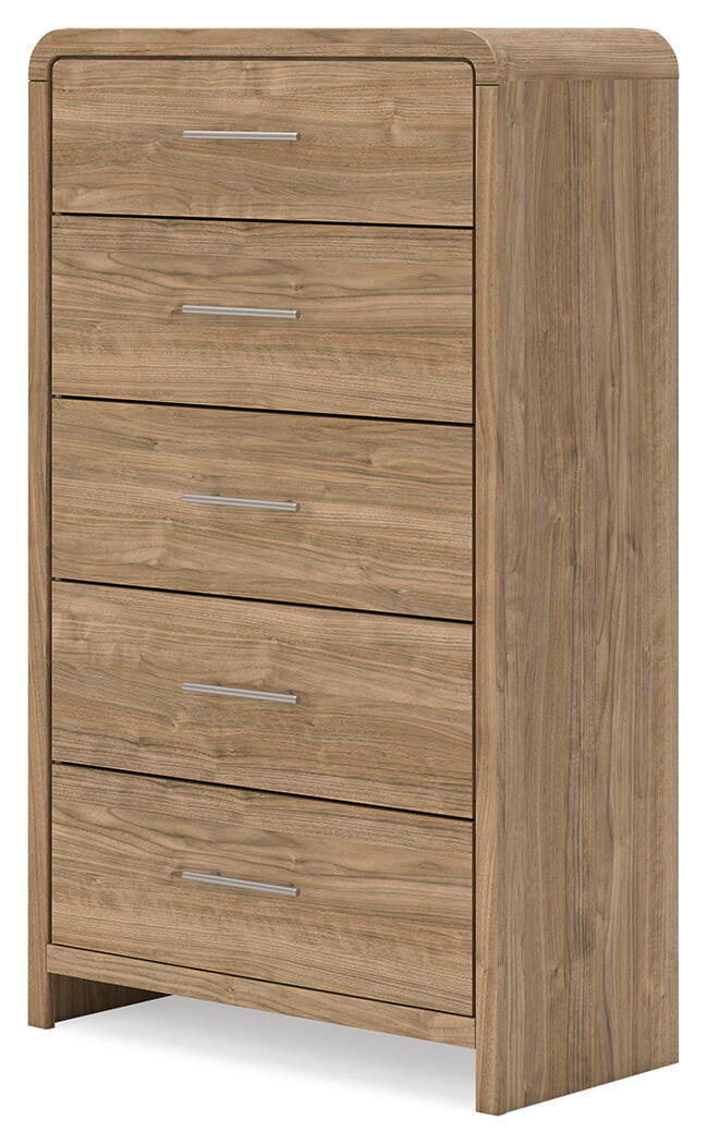 Five-drawer chest in warm natural brown wood with metal bar pulls, viewed from side.