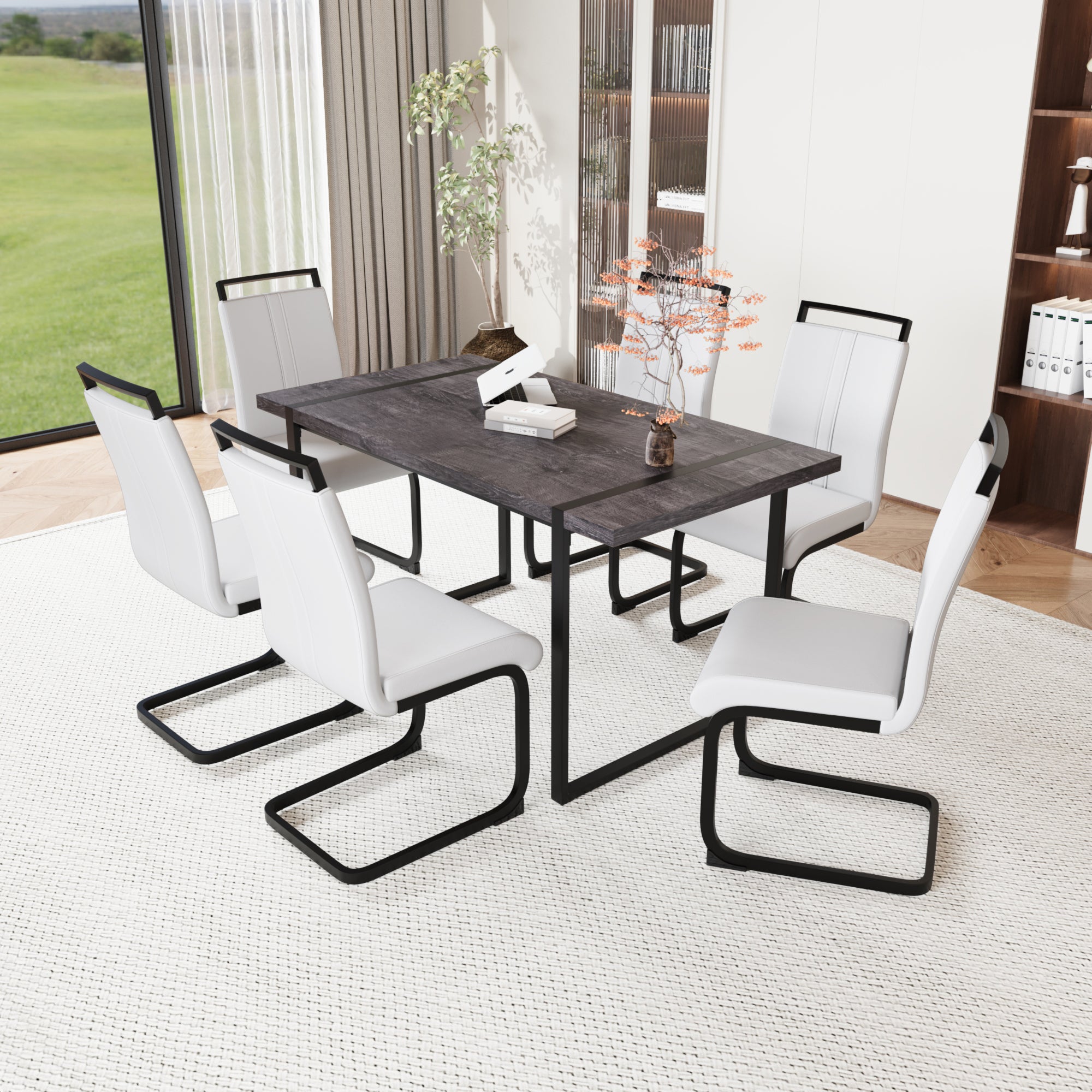 59" Black Dining Table Set for 6, Industrial Kitchen Table