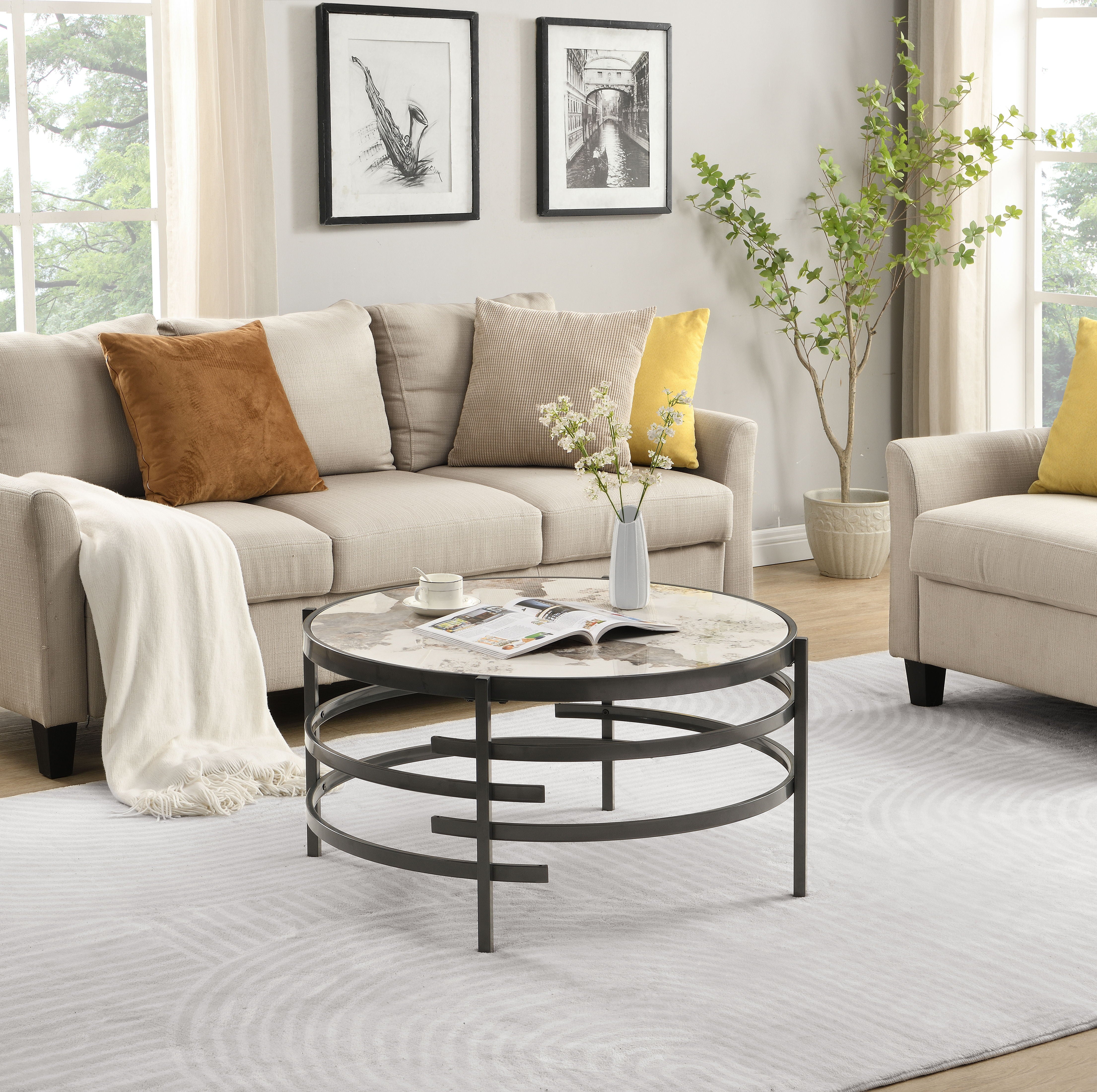 Round Coffee Table With Sintered Stone Top&Sturdy Metal Frame, Modern Coffee Table For Living Room, Darker Gray