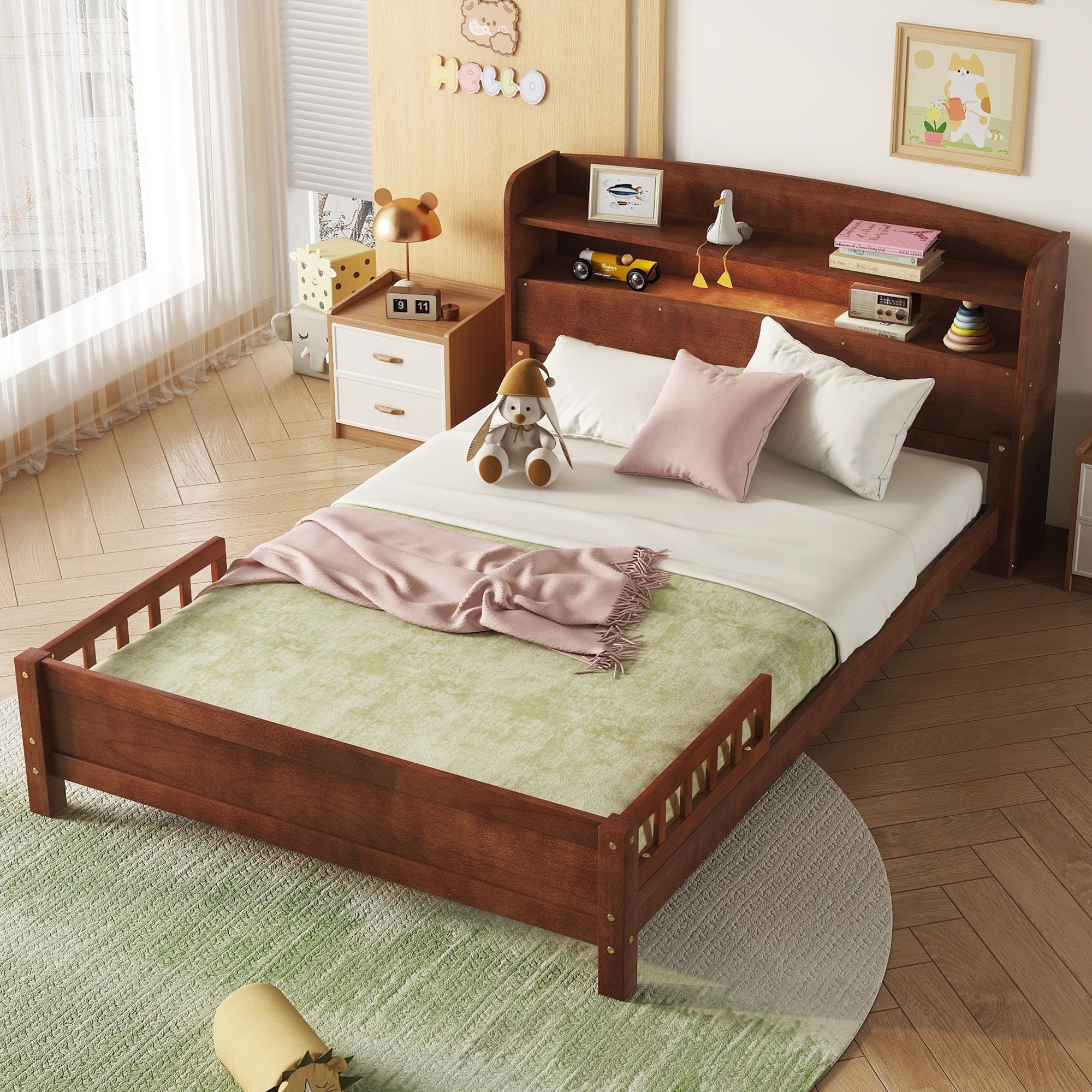 Full Pine Wood Bed: Bookcase Headboard, LED Light, Guardrails, Walnut