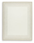 Beige area rug with nested rectangular border pattern and textured surface