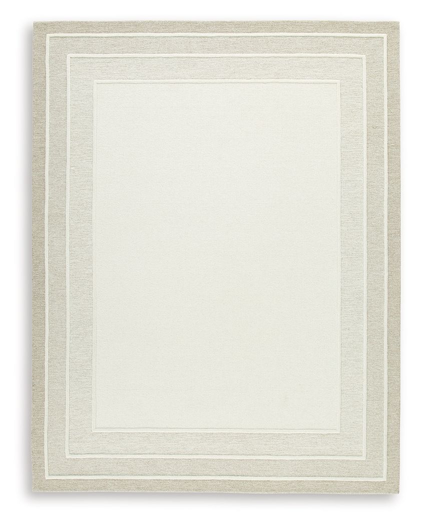 Beige area rug with nested rectangular border pattern and textured surface