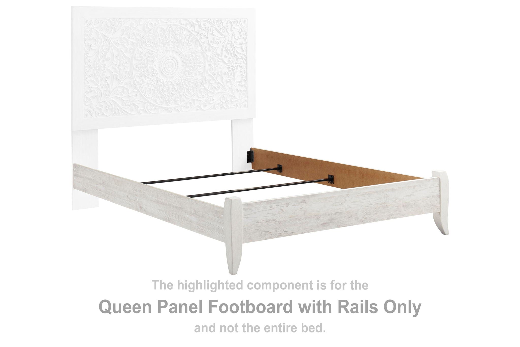 Queen panel footboard with rails, whitewash wood, raised end panel