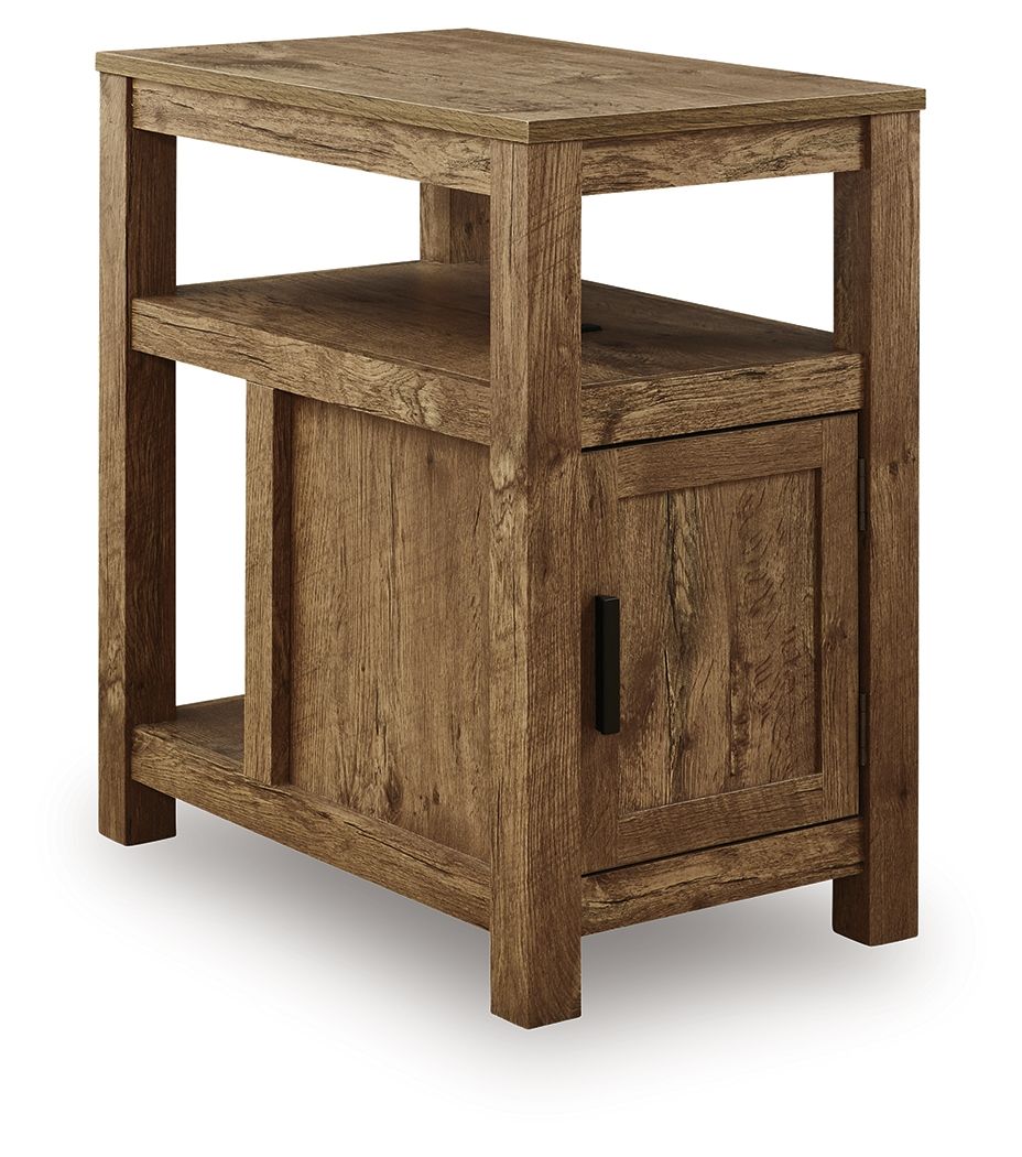 Chair side end table with open shelves and one-door cabinet, light brown wood grain, black pull.