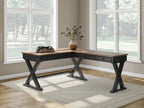 Brown home office desk with return, black metal legs, and side drawer panel