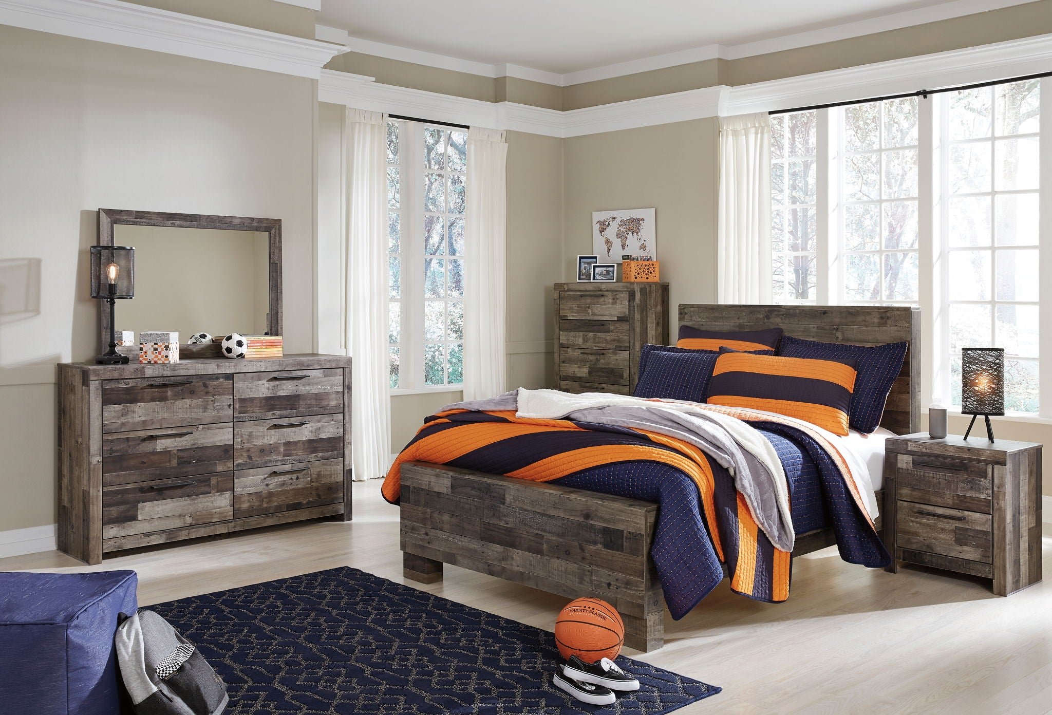 Rustic panel bed with dark wood frame and orange-and-blue comforter set in bedroom