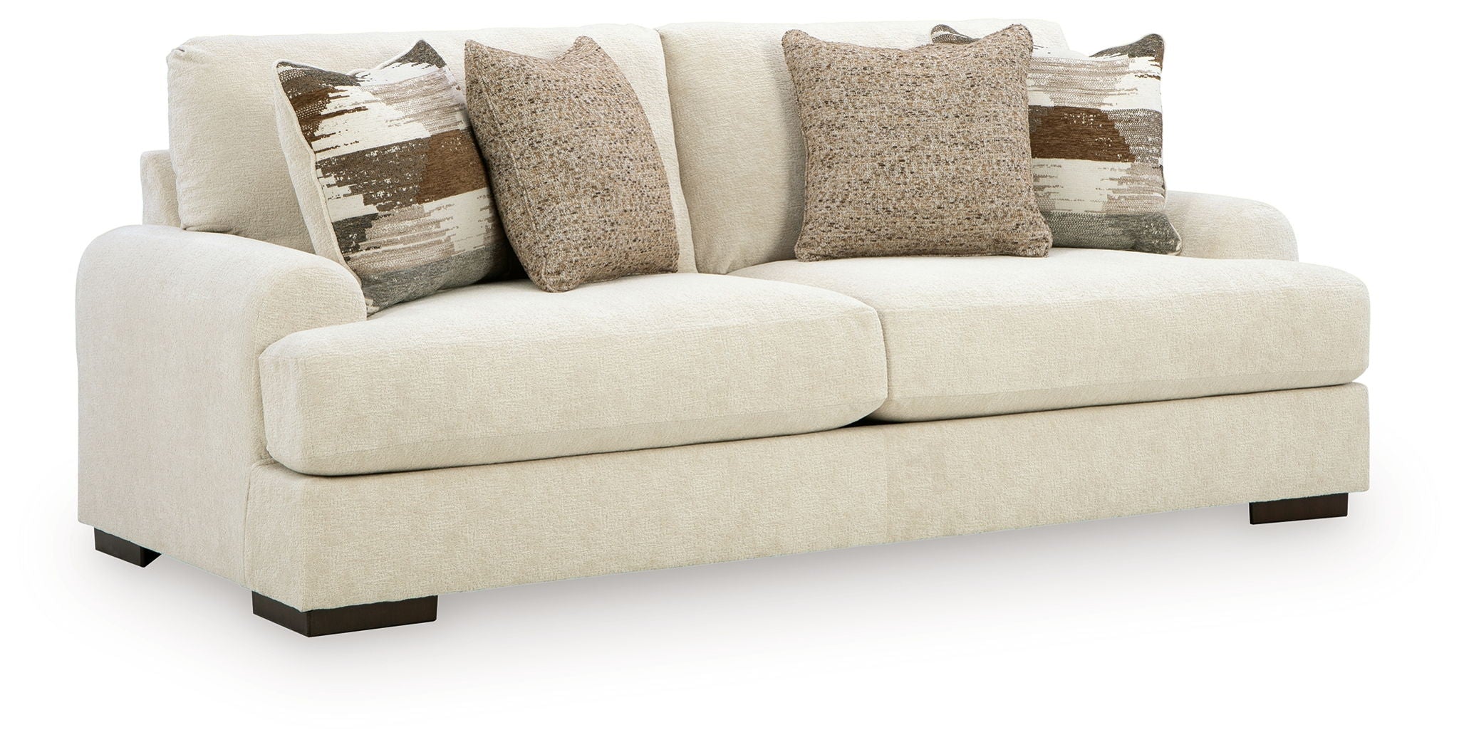 Light beige fabric sofa with boxy arms and three seat cushions