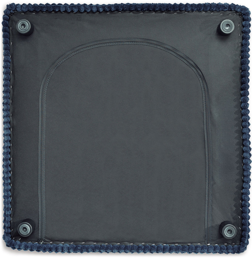 Navy upholstered square panel with stitched edge and corner grommet details