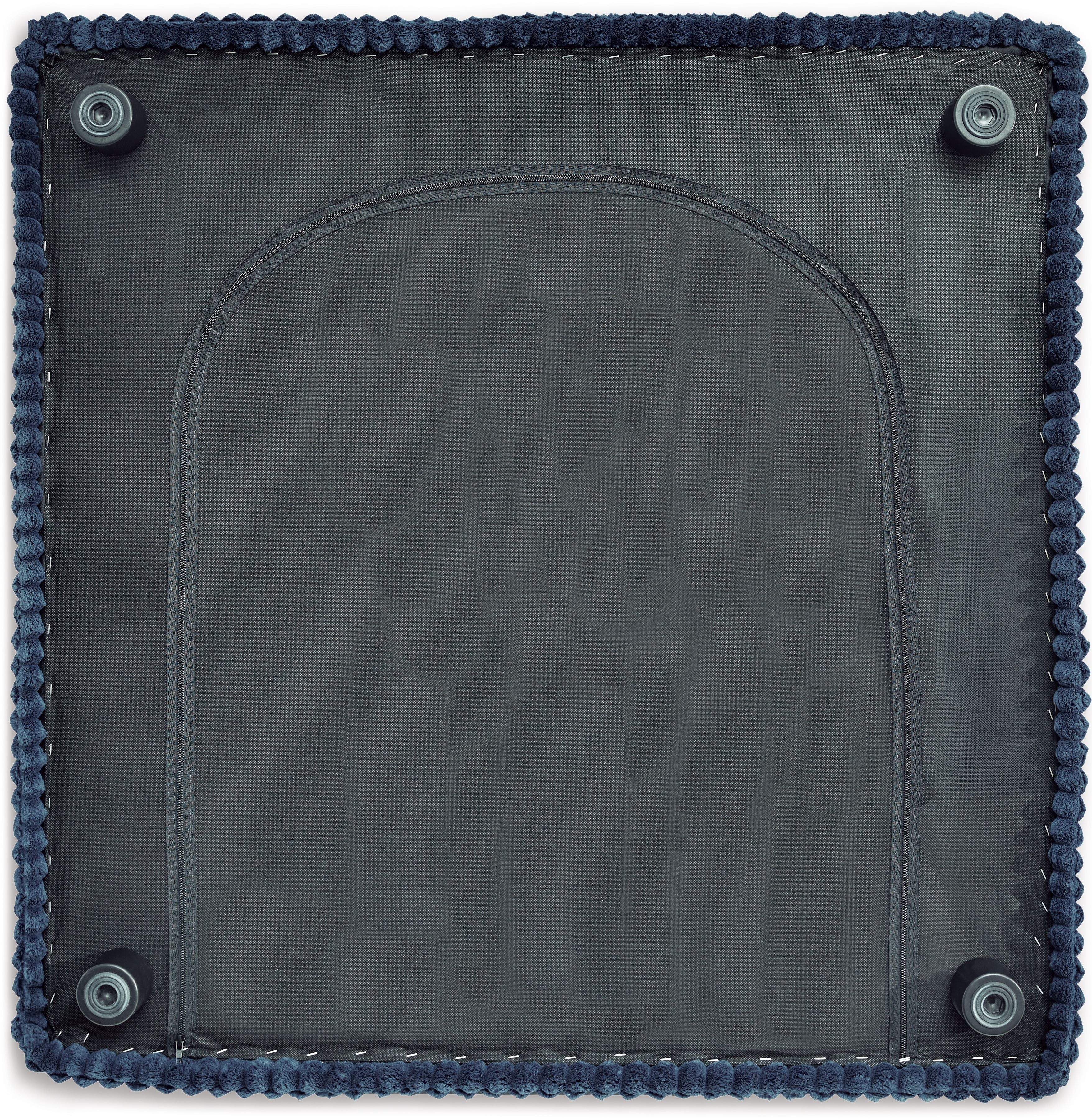 Navy upholstered square panel with stitched edge and corner grommet details