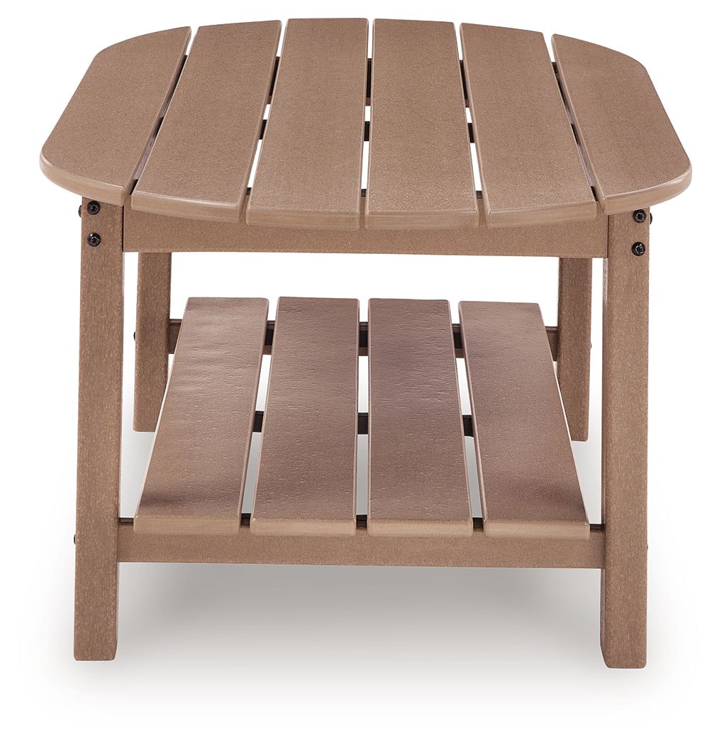 Light brown oval table top with slatted surface and side rail supports