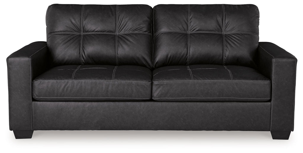 Black sofa sleeper front view with tufted back panels and two-seat cushions, track arms.
