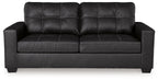 Black sofa sleeper front view with tufted back panels and two-seat cushions, track arms.