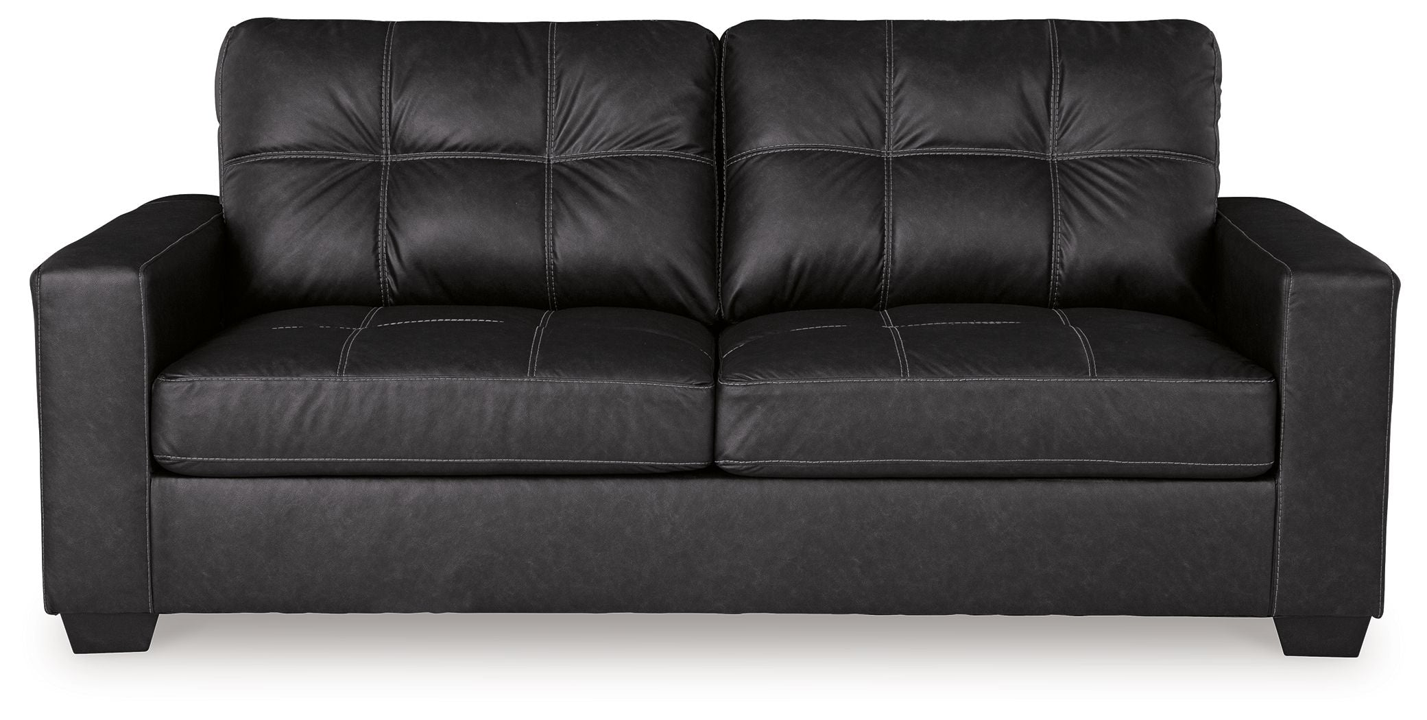 Black sofa sleeper front view with tufted back panels and two-seat cushions, track arms.